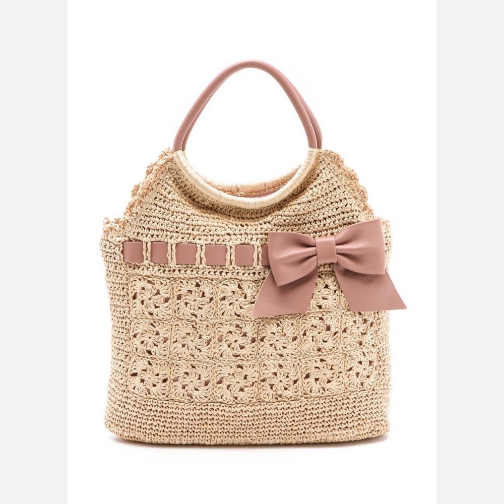 RED VALENTINO Cream Crochet Raffia Pink Mauve Leather Bow Shoulder Bag Tote - Picture 4 of 16